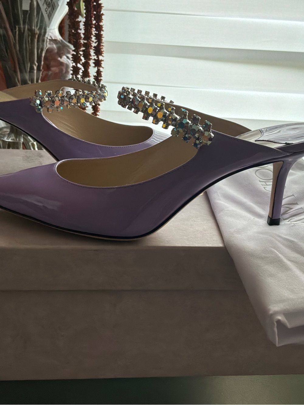 Jimmy Choo Lilac Patent Pointed-Toe Crystal-Strap Mules